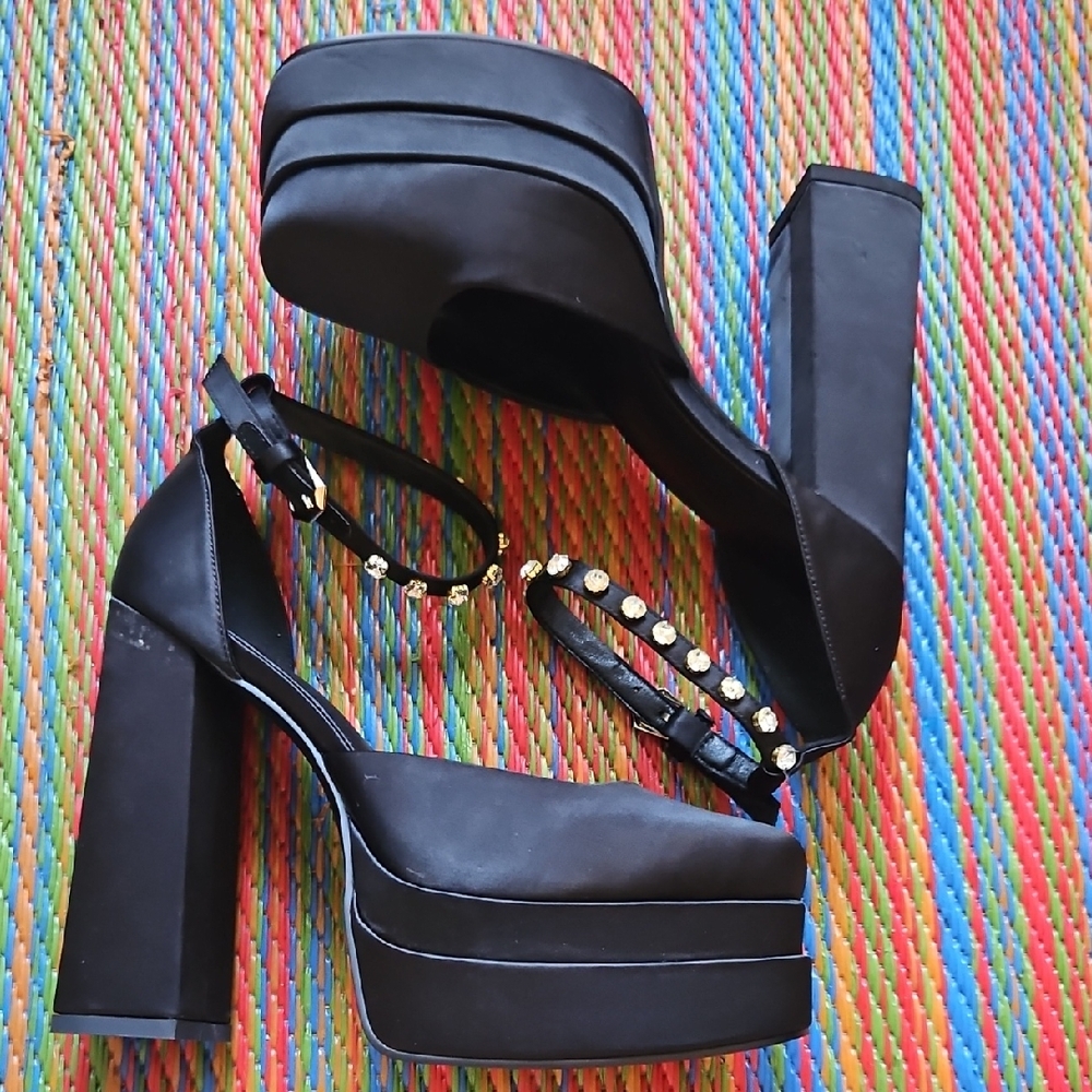 Black Satin Platform Chunky Heels w/ Rhinestone Studded Anke Strap Size 10